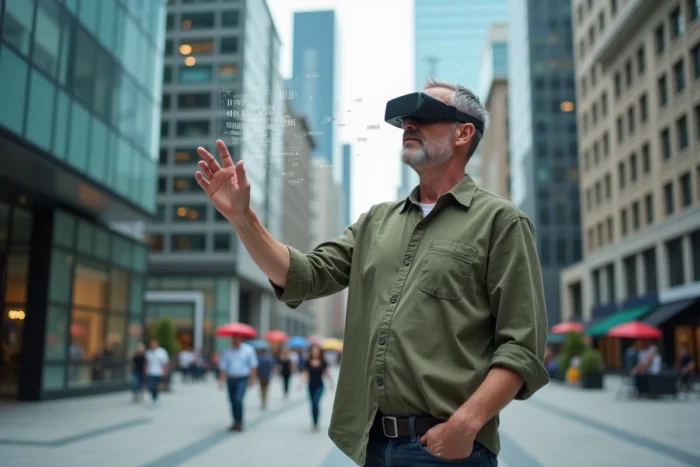 Un homme portant des lunettes de réalité augmentée interagissant avec des menus holographiques dans un environnement urbain moderne