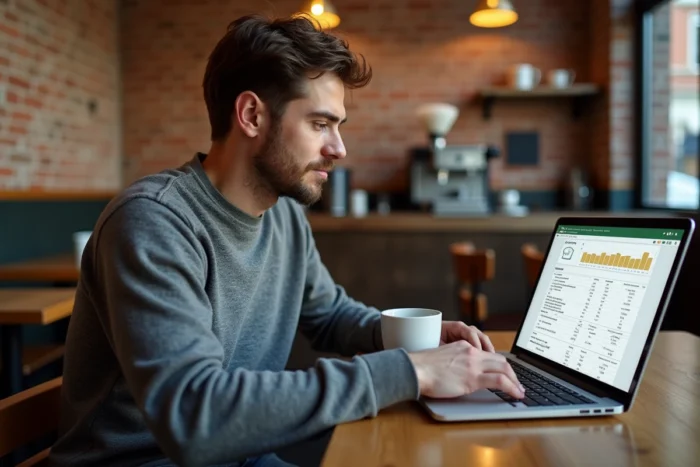 Homme travaillant sur des métriques SEO et des tableaux de bord de performance dans un café