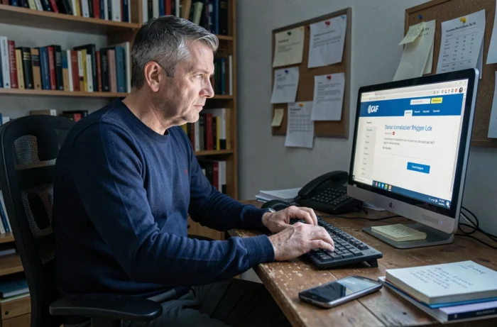 Homme connecté au portail CAF en ligne depuis un bureau à domicile pour gérer sa régularisation de paiement