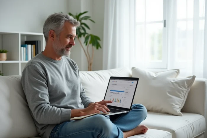 Homme travaillant sur le référencement naturel SEO avec Google Search Console sur un ordinateur portable dans un bureau à domicile