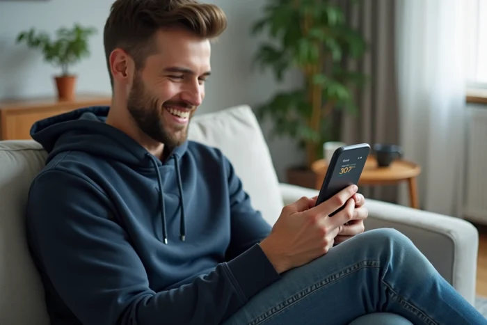 Homme utilisant une application de shopping sur smartphone pour trouver des codes promo et bons plans sur une boutique en ligne