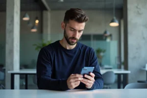 Un homme tenant un smartphone pliable dans un laboratoire de recherche technologique moderne aux murs en béton
