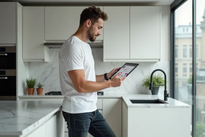 Homme consultant la carte du site Renée Fashion sur une tablette dans une cuisine moderne minimaliste