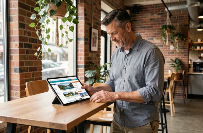Homme consultant la carte du site d'un voyage en ligne depuis une tablette dans un café urbain