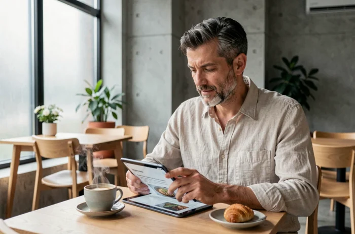 Homme consultant les dernières tendances culinaires sur une tablette dans un café minimaliste
