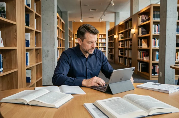 Homme vérifiant des sources fiables dans une bibliothèque moderne avec tablette et livres