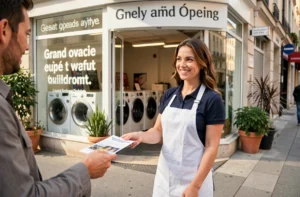 Employée d'une laverie en tablier blanc distribuant des flyers d'inauguration devant la vitrine d'une laverie automatique moderne en ville