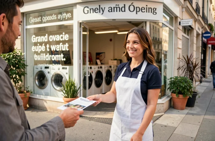 Employée d'une laverie en tablier blanc distribuant des flyers d'inauguration devant la vitrine d'une laverie automatique moderne en ville