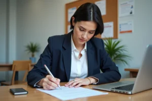 Femme adulte remplissant un formulaire d'inscription à une formation professionnelle dans un centre d'éducation moderne