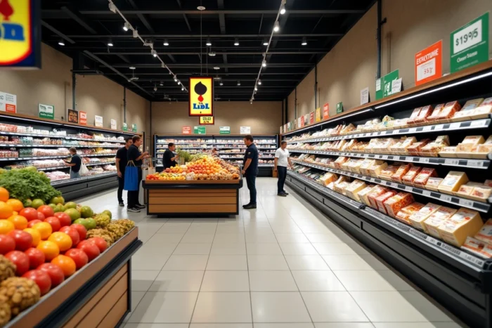 Allées intérieures d'un Lidl en Corse avec produits régionaux corses et clients en train de faire leurs courses