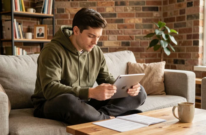 Jeune homme suivant une formation en ligne depuis chez lui sur tablette dans une atmosphère de travail décontractée