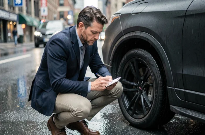 Journaliste automobile inspectant un SUV haute performance dans une rue urbaine sous la pluie