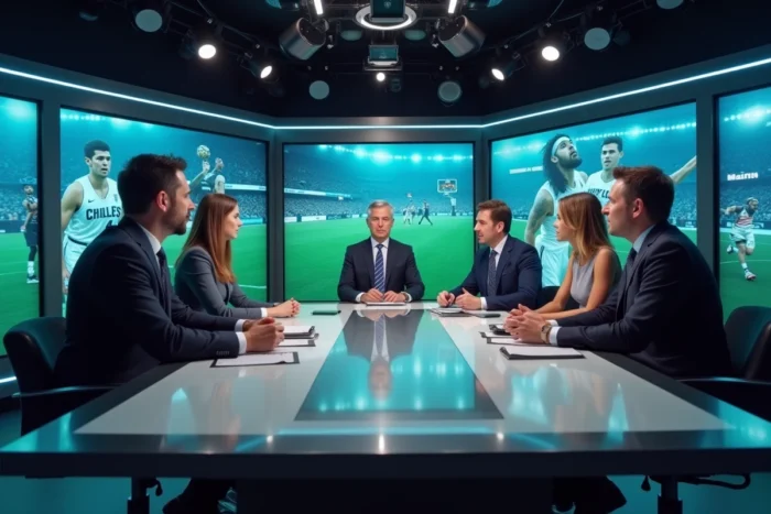 Journalistes sportifs en plateau de télévision analysant les actualités sportives de la semaine
