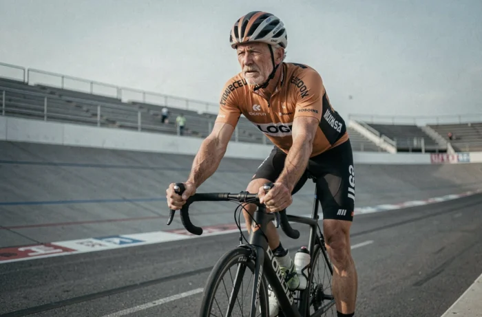 Cycliste professionnel vétéran appuyé sur son vélo de course dans un vélodrome, illustrant le retour controversé de Lance Armstrong dans le cyclisme en 2026