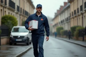 Livreur Colissimo en uniforme livrant un colis blanc dans une rue résidentielle le samedi matin