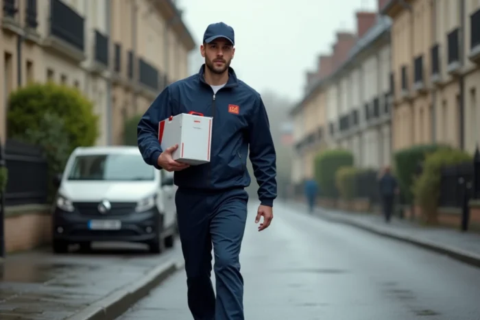 Livreur Colissimo en uniforme livrant un colis blanc dans une rue résidentielle le samedi matin