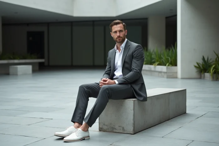 Homme en costume gris charcoal minimaliste assis dans une plaza urbaine moderne aux lignes épurées