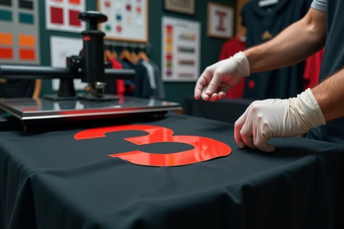 Machine de flocage thermique pressant des lettres vinyle sur un maillot noir dans un atelier Intersport