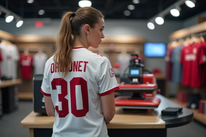 Femme présentant un maillot de football avec flocage personnalisé nom et numéro chez Intersport