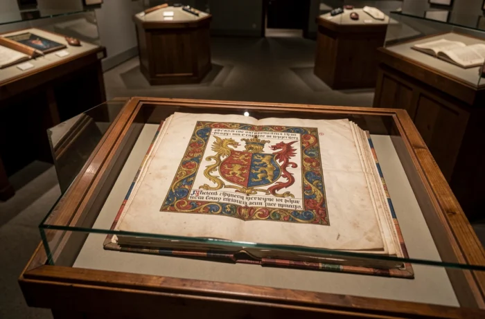 Manuscrit médiéval enluminé illustrant le blason de Lille dans une vitrine de musée