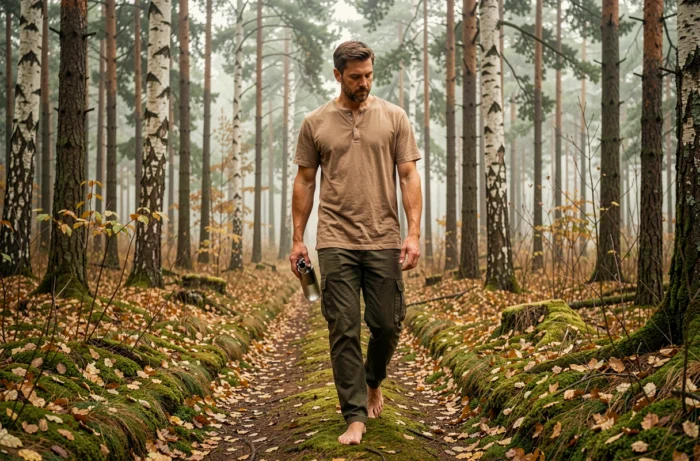 Homme marchant pieds nus sur un sentier forestier entouré d'arbres et de brume matinale, illustrant les bienfaits de la marche en nature pour le bien-être
