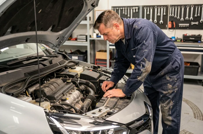 Mécanicien professionnel inspectant le moteur d'une Renault avec capot ouvert dans un atelier automobile