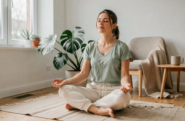 Femme pratiquant la méditation en position assise sur un tapis de yoga en lin dans un salon minimaliste scandinave avec des plantes vertes