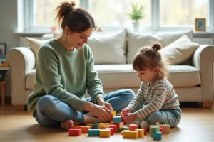 Mère et enfant jouant ensemble avec des blocs en bois sur le sol d'un salon, illustrant le développement cognitif et le lien parent-enfant