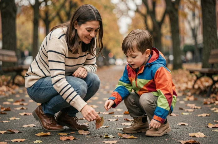 Mère et fils explorant la nature ensemble dans un parc en automne, moment de complicité familiale au quotidien