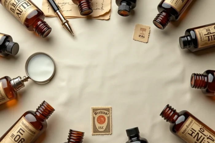 Mise à plat de mignonnettes en verre historiques avec documents anciens et accessoires de collection sur tissu lin crème