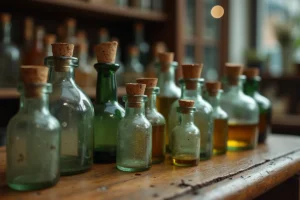 Collection de mignonnettes en verre vintage avec bouchons en liège sur une surface en bois rustique dans une boutique d'antiquités
