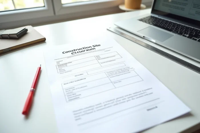 Modèle de panneau de chantier gratuit imprimé en A3 posé sur un bureau avec stylo et ordinateur pour déclaration de travaux