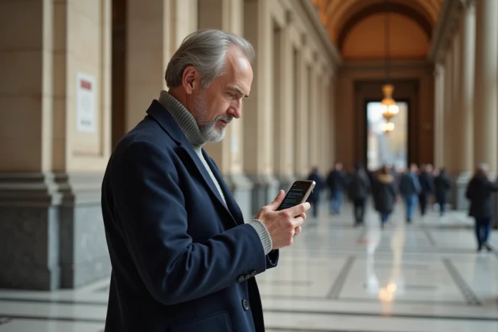 Homme naviguant sur le site de Bozar depuis son smartphone dans le hall d'entrée d'un centre culturel néoclassique