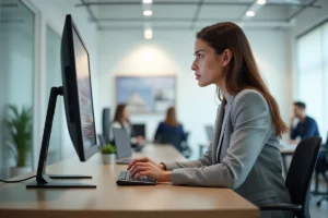 Femme consultant le site web de Bozar sur un ordinateur de bureau dans un espace de travail moderne