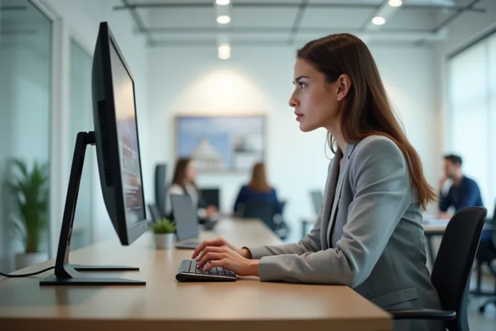 Femme consultant le site web de Bozar sur un ordinateur de bureau dans un espace de travail moderne