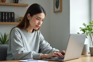 Femme naviguant sur un site web avec un menu de navigation complet affiché sur un ordinateur portable