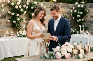 Couple de mariés consultant une liste d'organisation de mariage dans un jardin fleuri décoré avec élégance
