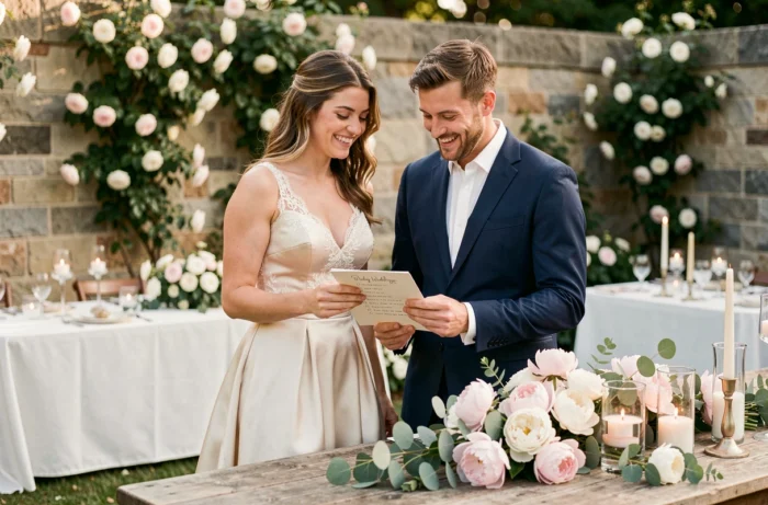 Couple de mariés consultant une liste d'organisation de mariage dans un jardin fleuri décoré avec élégance