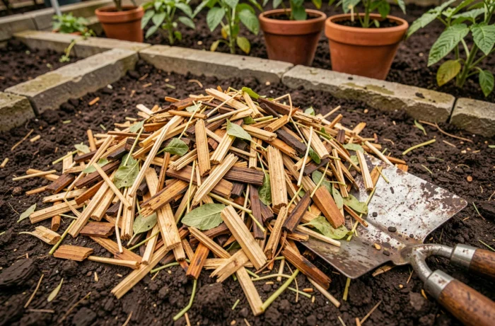 Paillage de jardin fait maison à base de végétaux broyés étalé autour de plants de tomates dans un potager