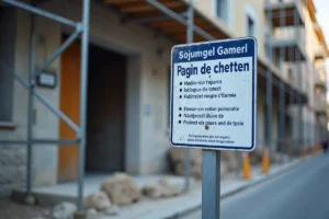 Panneau de chantier réglementaire affiché à l'entrée d'un chantier de rénovation urbaine avec échafaudage en arrière-plan