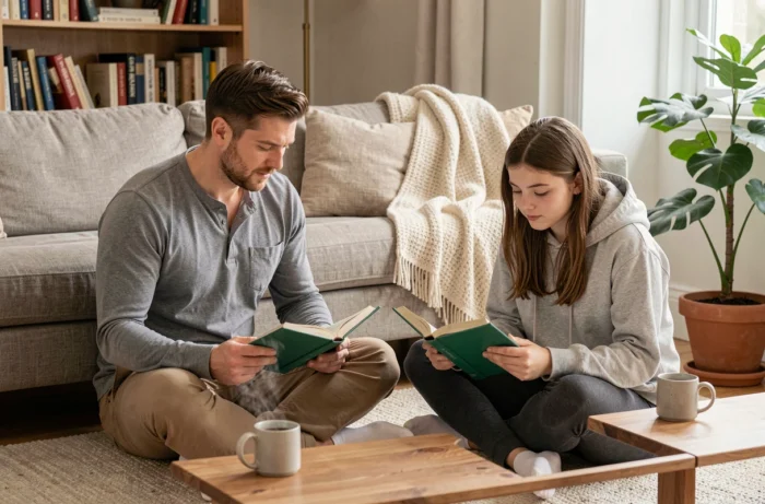 Père et fille adolescente partageant un moment de lecture calme et complice dans un salon familial douillet