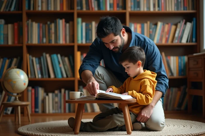 Père et fils lisant un livre illustré ensemble dans une bibliothèque familiale, favorisant le développement du langage et la curiosité intellectuelle de l'enfant