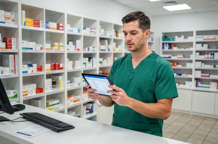 Pharmacien consultant une plateforme d'informations professionnelles de santé sur une tablette derrière son comptoir