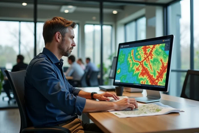Professionnel de l'immobilier utilisant une plateforme numérique d'analyse foncière avec cartographie parcellaire sur grand écran de bureau