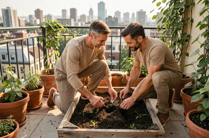 Couple installant un potager urbain sur un balcon avec des plantes en pots et des jardinières en bois recyclé pour un mode de vie durable