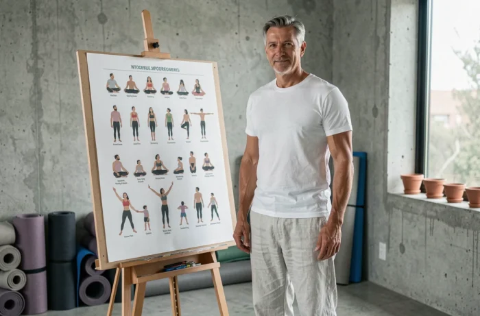 Professeur de yoga masculin debout devant un chevalet présentant un tableau structuré des familles de postures dans un studio minimaliste