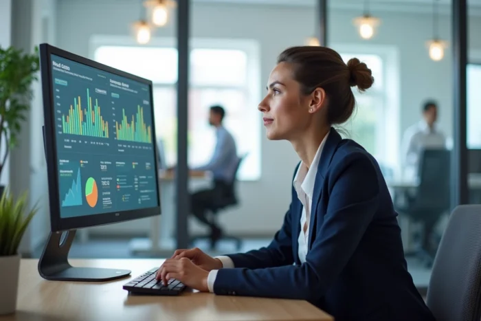 Professionnelle analysant des KPI SEO sur un écran d'ordinateur dans un bureau moderne
