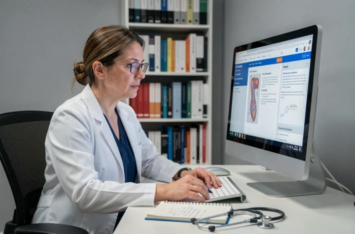 Professionnelle de santé consultant des informations médicales en ligne sur un ordinateur de bureau dans un cabinet médical