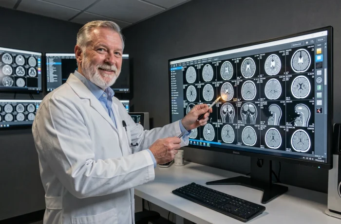 Un médecin radiologue pointant des hypersignaux de la substance blanche sur un écran IRM, référence visuelle au score Fazekas et aux lésions cérébrales des seniors