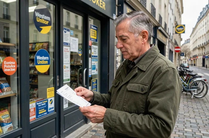 Homme vérifiant son reçu de transfert Western Union devant un bureau de tabac agréé en France